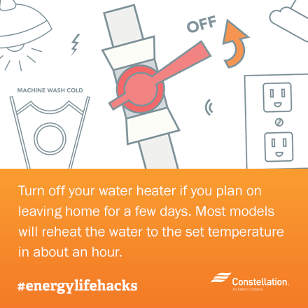 energy saving tip - turn off water heater if leaving home for many days
